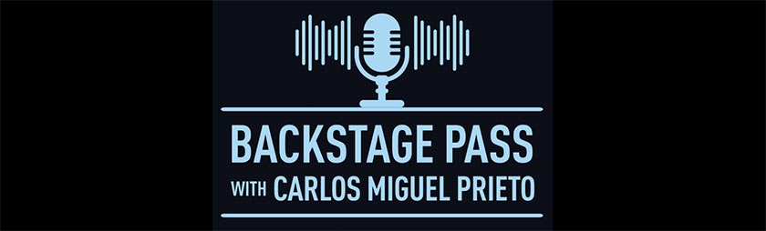 logo in blue for NCS podcast "Backstage Pass with Carlos Miguel Prieto"