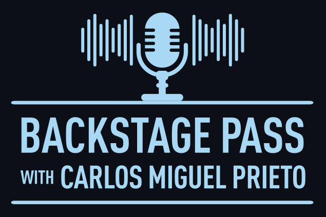 logo in blue for NCS podcast "Backstage Pass with Carlos Miguel Prieto"